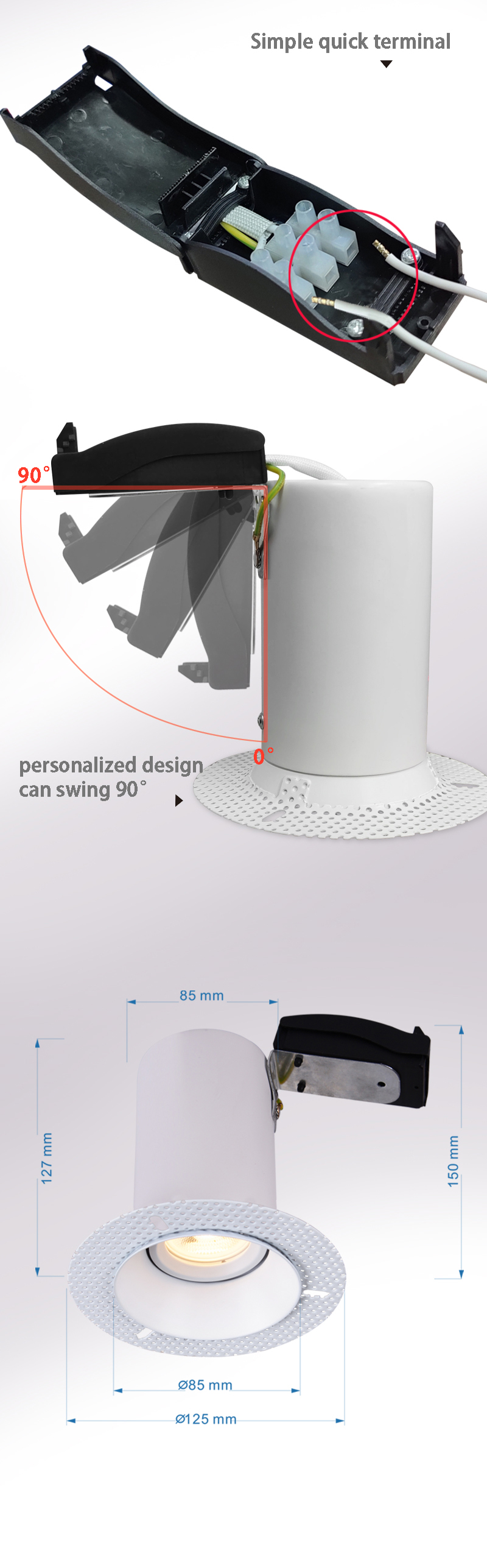 Ip65 Fire Rated Gu10 Downlights Anti Glare 125mm White Adjustable 2 Year Warranty