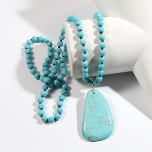 Joyería étnica Bohemia Occidental 8mm turquesa piedra Natural cristal hecho a mano anudado collar geométrico colgante collar - Product Image 5