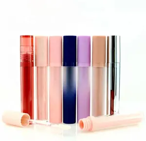 Kemasan Lipgloss Silinder Pink Beku Mewah Kemasan Lip Gloss Tabung Wadah Lipgloss Ungu Gradien dengan Kuas Tongkat