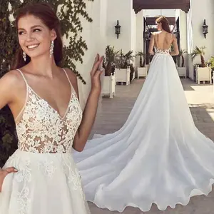 Gaun pernikahan seksi gaun pengantin renda elegan Turki gaun pernikahan satin punggung terbuka elegan