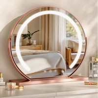 Miroir de maquillage de bureau intelligent à LED rond avec éclairage et fonctions personnalisées, construction en métal et verre