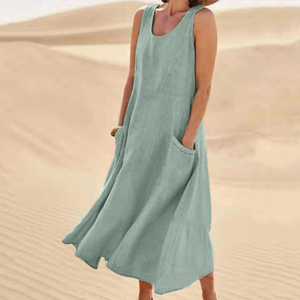 Vestidos de Verano sin Mangas para Mujer, de Algodón, Lino y Gasa, Lisos, Casuales, hasta la Rodilla, con Cintura Natural y Logotipo Frontal, Teñido Liso - Product Image 1