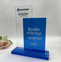 Plaque de récompense moderne en cristal à deux panneaux, souvenir personnalisé en cristal bleu pour la cérémonie annuelle d'entreprise