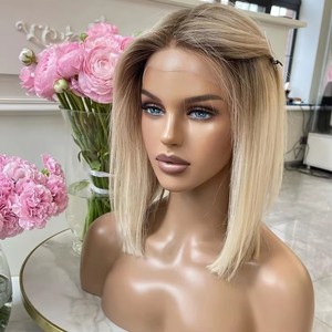 Perruque BOB Courte en Cheveux Humains Vierges de Haute Qualité, Blond Platine Raides avec Racines Foncées, Balayage Brun, Cheveux de Bébé, Perruque Lace BOB - Product Image 4