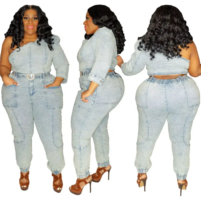 Latest denim 2 piece set women slant shoulder single sleeve denim top 2 piece jean set large size denim jean two piece sets