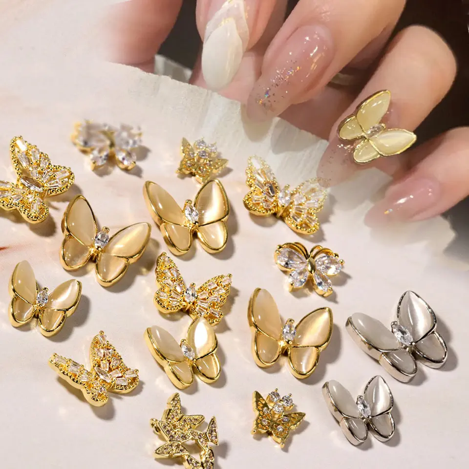 3D Zircon Nail Accessories Butterfly Rhinestone Gold And Silver Metal Nail Charms Parts Decoration Nail Decals