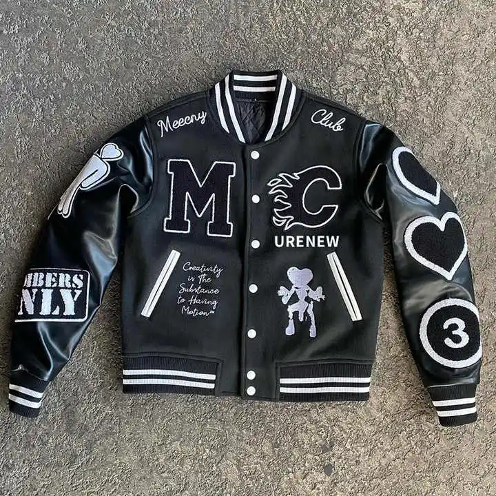 Custom Logo Streetwear Hoge Kwaliteit Chenille Borduurwerk Winter Fleece Lederen Bomber Letterman Honkbal Varsity Jas Voor Mannen