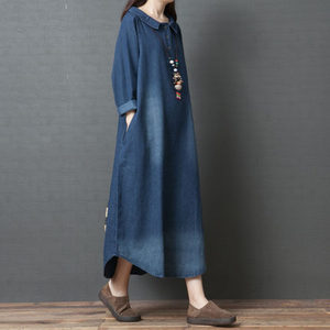 Robe longue en jean oversize pour femme <span class=keywords><strong>grande</strong></span> <span class=keywords><strong>taille</strong></span>, à manches longues, délavée, style <span class=keywords><strong>tunique</strong></span> décontractée pour l'automne 2026 - Product Image 1