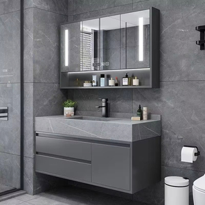 Mueble de Baño Moderno de Lujo en Negro y Gris con Luz LED, Acabado Lacado, Espejo Inteligente, Lavabo de Cerámica, Montado en la Pared - Product Image 5