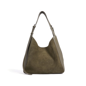 Bolso Hobo Personalizado de Cuero Genuino de Grano Completo con Acabado de Gamuza, Forma de U, Verde Oliva, Ribete de Cuero Liso, Asa Ajustable, Parte Superior Abierta - Product Image 1