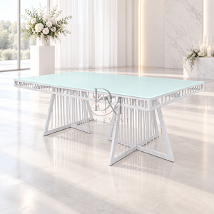Mesa de Comedor Moderna de Acero Inoxidable Plateado con Cubierta de Vidrio Transparente y Base Doble Geométrica, Proveedor Mayorista para Banquetes y Eventos - Product Image 2