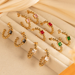 EH338 Multi Color <strong>Zircon</strong> Stainless Steel C-Shaped Beaded Hoop Earrings <strong>Bijoux</strong> En Acier Inoxydable Gold Plated Jewelry - Product Image 1