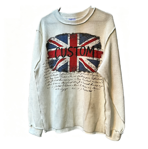 Custom <strong>Union</strong> <strong>Jack</strong> Flag Graphic Waffle Knit Long Sleeve T-<strong>Shirt</strong> Vintage Raw Edge Distressed Oversized Unisex Streetwear Tee - Product Image 2