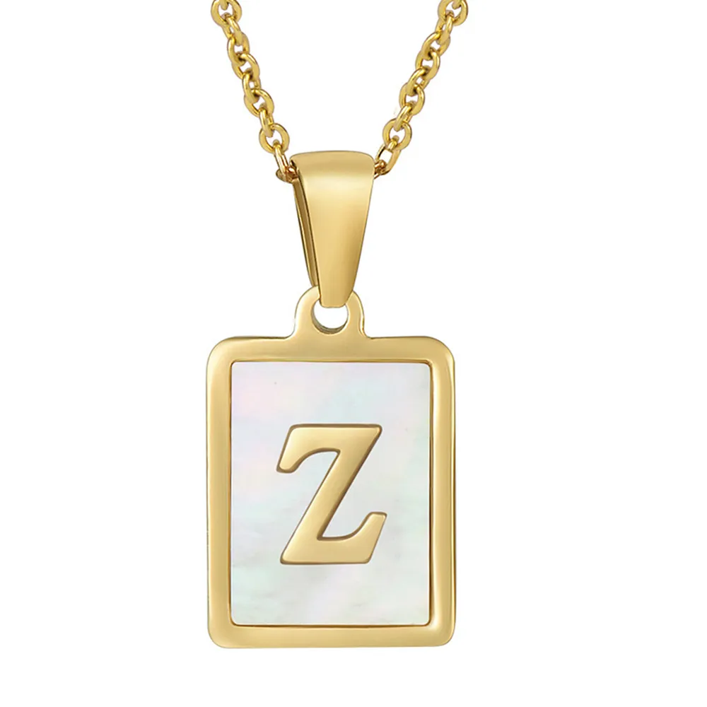 Minimalist Stainless Steel Jewelry Alphabet Square Initial Natural Shell Letter Z Necklaces For Women