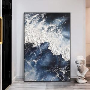 Peinture murale abstraite 3D de grande taille peinte à la main, toile encadrée, texture épaisse, <span class=keywords><strong>vague</strong></span> bleue de la <span class=keywords><strong>mer</strong></span>, plage blanche - Product Image 1