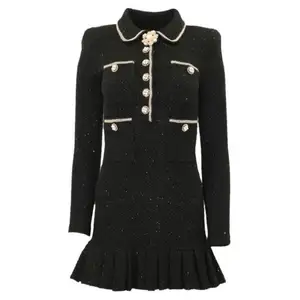 Bettergirl 2023 automne et hiver classique noir élégant bouton robe tricotée à manches longues robe pull robe formelle