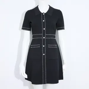 GUOOU OEM ODM black solid simple sweet a-line single button mini dress office knitted womens dresses