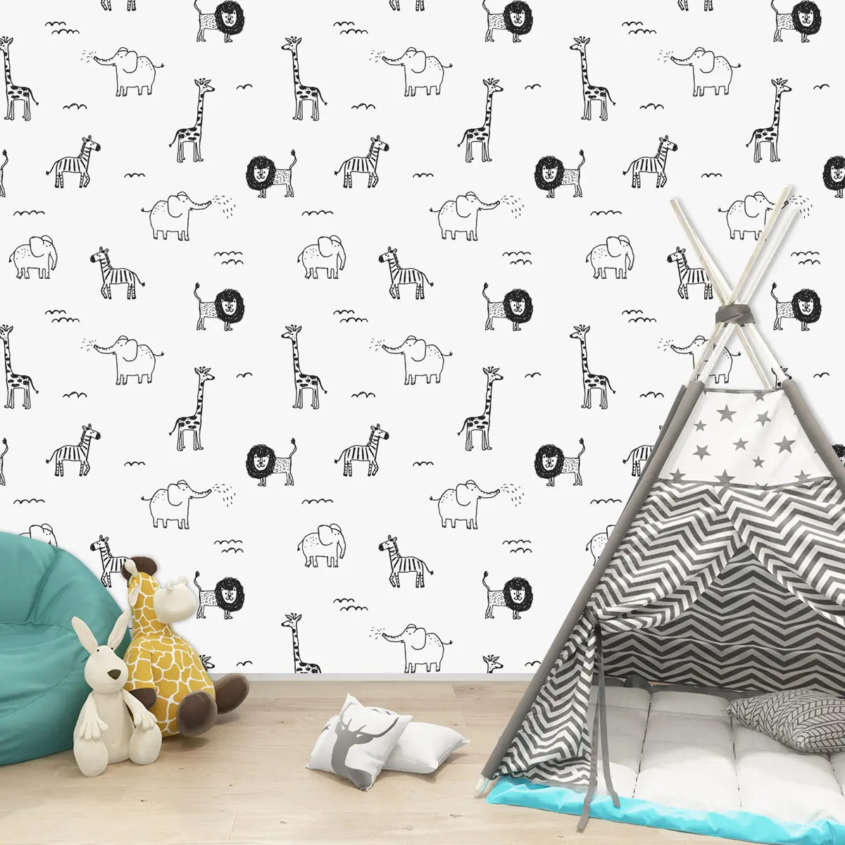 Lovely Black and White Kids/animal/car Cartoon Pattern Self Adhesive Wallpaper Decorative Wall Stickers for Kids