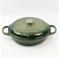Casserole en fonte émaillée, 26 cm, peu profonde, avec couvercle et bouton en acier inoxydable, compatible avec tous les types de cuisinières