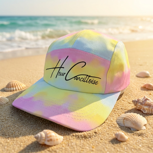 Cappellini sportivi tie-dye personalizzabili all'ingrosso, traspiranti, con logo personalizzato, per ciclismo, campeggio, corsa, semplici, a 5 pannelli, non strutturati. - Product Image 1
