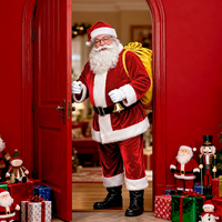 Erwachsenen-Weihnachtsmann-Kostüm in Rot mit Samtbesatz und Mehrfachem Zubehör - Festtags-Party-Cosplay-Kostüm