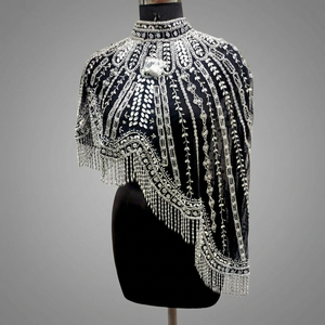 Robe de soirée noire brodée de perles avec franges, cape d'épaule, costume de scène pour mariage et fête - Product Image 4