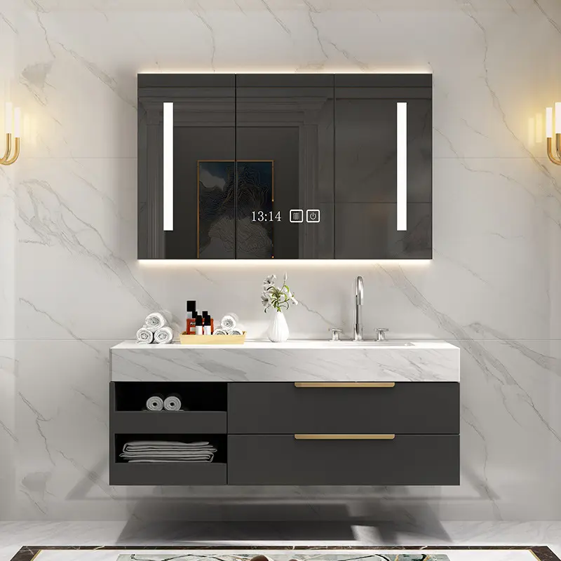 Armario de almacenamiento de baño con espejo inteligente, lavabo doble, mueble nórdico para el Hogar, baño moderno, color negro