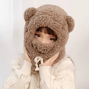 Wholesale polyester lamb like plush cashmere double layer children`s warm hat and scarf 2 in 1 for winter and out door