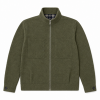 Veste en tricot vert olive pour homme, col montant, fermeture éclair intégrale, poches carrées, doublure côtelée à carreaux