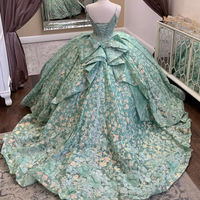 Robes de Quinceañera Mumuleo vert sauge scintillantes sexy à bretelles spaghetti avec appliques en cristal, robe de bal à paillettes, robes de 15 ans