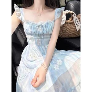 Robe d'été décontractée à imprimé floral, dos nu, coupe trapèze, longueur ras du sol, épaules dénudées, en polyester/coton, taille élastique, à volants - Product Image 1