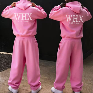 Ensemble survêtement rose uni oversize pour homme avec logo personnalisé, pantalon de jogging et sweat à capuche, style streetwear, essentiels du fabricant - Product Image 3