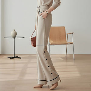 Custom Women's Contrast Piping Corduroy <strong>Trousers</strong> with Side Buttons Soft Bottoms Pants <strong>Ladies</strong> - Product Image 2