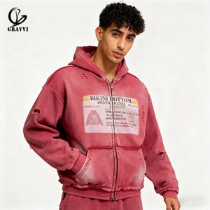 Custom 400GSM Fleece Distressed Raw Hem Drop Shoulder OEM ODM Private Label Oversized Vintage Washed Full Zip Hoodie - Product Image 4