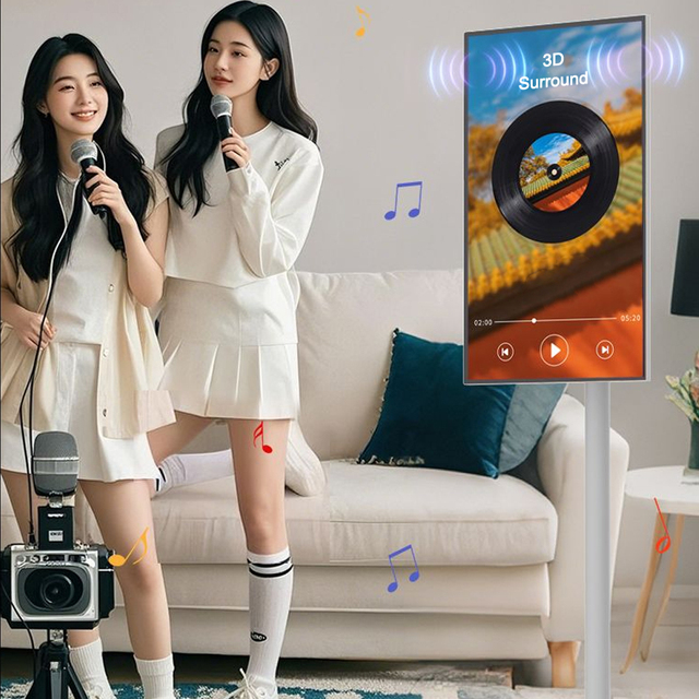 32 Inch Mobile Smart TV Floor Stand IPS Touch Screen 60Hz RGB 98% HD Display Home Fitness Karaoke Interactive