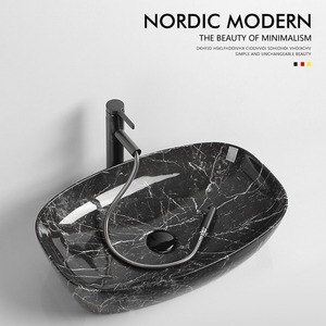 Lavabo de Cerámica Cuadrado Negro para Baño, Lavabo de Una Pieza para Encimera, Acabado Brillante, Montaje de Grifo de un Solo Orificio - Product Image 2