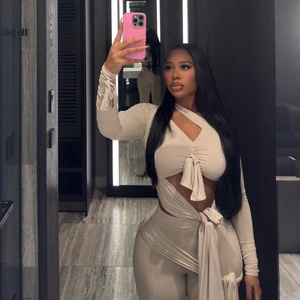 Y7933-2026 Abbigliamento Donna, Top Aderente con Scollo a V e Maniche Lunghe Traforate, Completo Due Pezzi con Pantaloni per Signore - Product Image 2