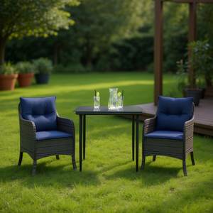 Ensemble de salle à manger de jardin en rotin bleu marine et gris pour 2 personnes, mobilier d'extérieur de style contemporain, résistant aux intempéries - Product Image 2