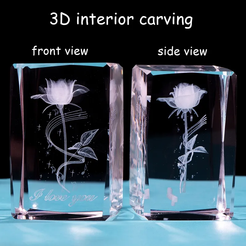 Presentes De Casamento Led Light Glass Crystal Cube Rose 3D Gravado A Laser Crystal blank Com Base para o presente de Natal