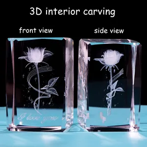 Wedding Gifts Led Light Glass Crystal Cube Rose 3D Laser Engraved Crystal Blank With Base For Christmas Present