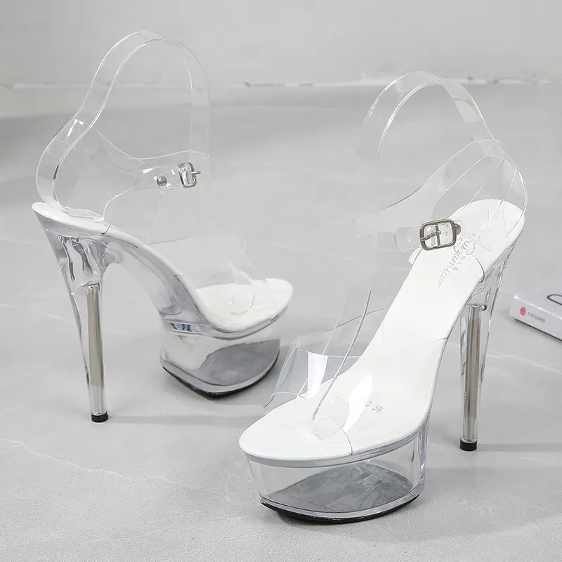 Trendy Ankle Strap Transparent Heels For Ladies 15 CM High Heels Sandals Sexy Pole Dance Shoes Women
