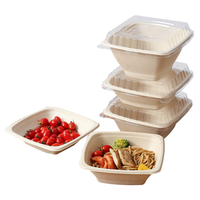 Einweg-Geschirr Umweltfreundliche Biologisch Abbaubare Quadratische Zuckerrohr-Bagasse-Schüssel mit PET-Deckel Mikrowellengeeignet für Camping Hotels