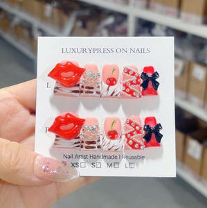 Ms.miemie 10ชิ้นเล็บแบบกดทำมือคุณภาพสูงแบบแฮนด์เมดแผ่นปะรูปหมีสีแดงเข้มสำหรับการใช้นิ้วแบบขายส่ง - Product Image 4