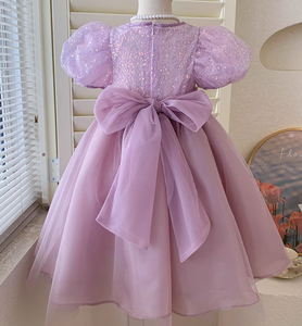 Abito da bambina a manica corta estate nuovo abito da principessa in rete <span class=keywords><strong>lilla</strong></span> con maglia <span class=keywords><strong>lilla</strong></span> con fiocco - Product Image 2