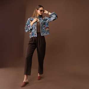 Chaqueta Bohemia Azul de Otoño Invierno, Bordada a Mano, con Botones, de Lona Tejida y Acolchada, Ecológica, con Forro de Algodón para Mujer - Product Image 3