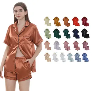 Лидер продаж, летний женский однотонный топ с коротким рукавом и шорты для женщин, Шелковый Атласный пижамный комплект