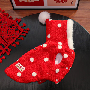Weiwang Red Polka Dot Hooded Jacket Fleece Lining Thickened Pet Dog <b>Cat</b> Winter Clothing Autumn Winter Apparel - Product Image 2