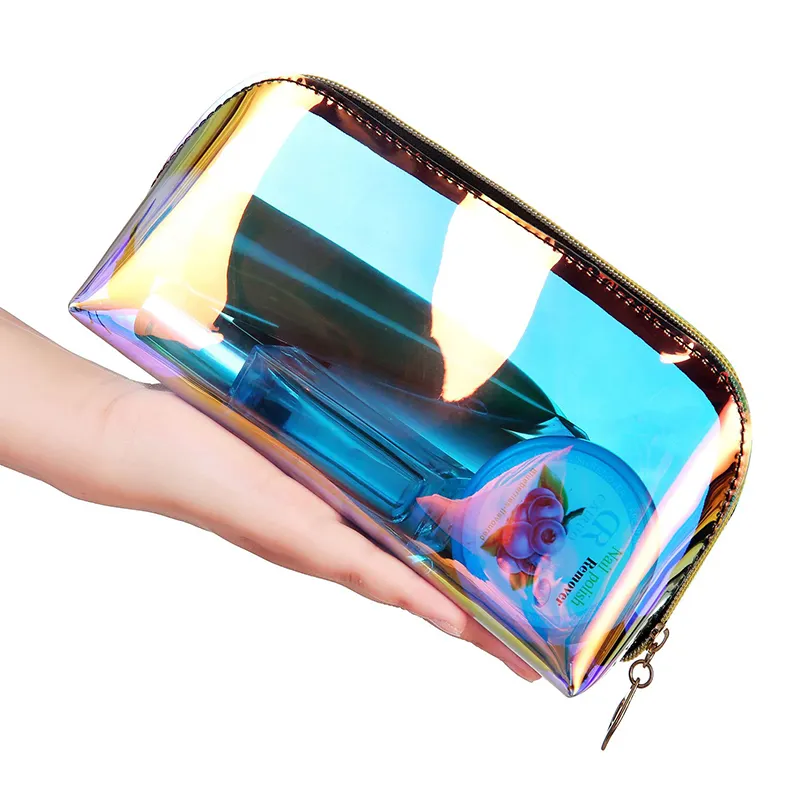 Bolsa de cosméticos personalizada para mujer, neceser transparente holográfico de TPU, con cremallera, para maquillaje