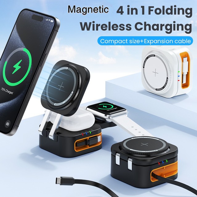 Wholesale Certificate Lightweight 15W Charger Foldable Magnetic 4in1 Wireless Charger Stand With Retractable Cable for iphone 18