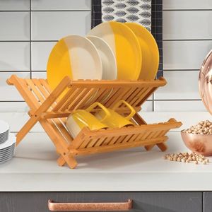 Escurridor de Platos Plegable de Bambú Ecológico de Dos Niveles, Tipo Vertical, con Soporte para Utensilios de Cocina - Product Image 5